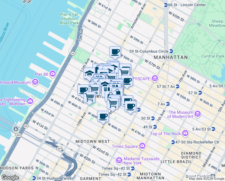 map of restaurants, bars, coffee shops, grocery stores, and more near 424 West 51st Street in New York
