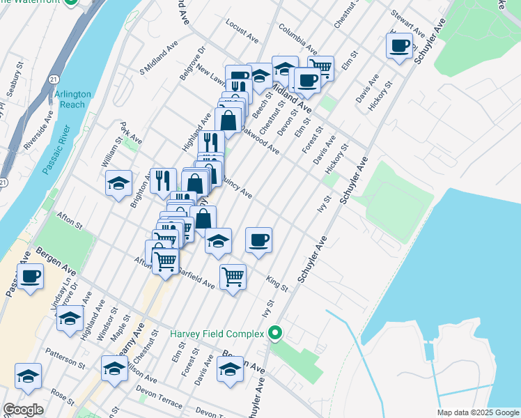 map of restaurants, bars, coffee shops, grocery stores, and more near 301 Forest Street in Kearny
