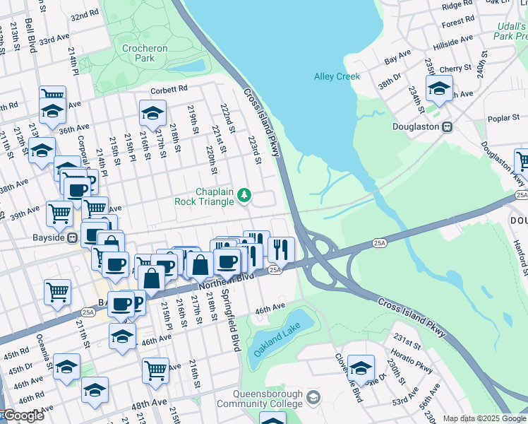 map of restaurants, bars, coffee shops, grocery stores, and more near 33 221st Street in Queens