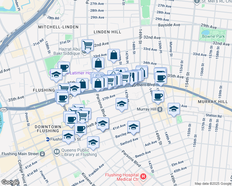 map of restaurants, bars, coffee shops, grocery stores, and more near 144-67 37th Avenue in Queens