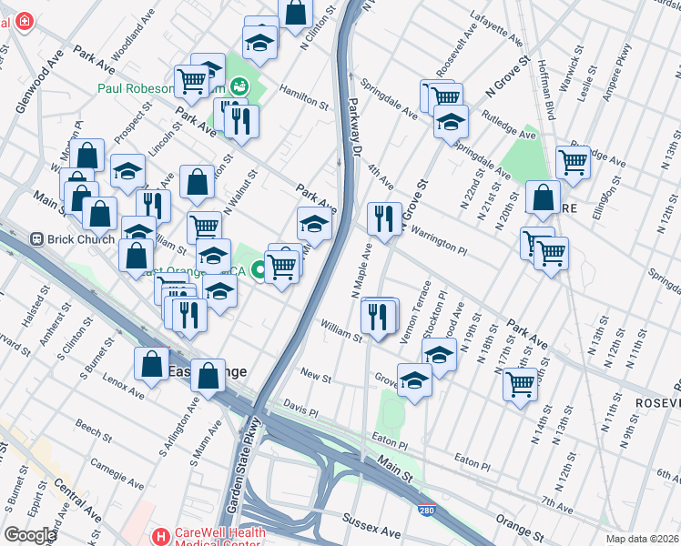 map of restaurants, bars, coffee shops, grocery stores, and more near 196 North Oraton Parkway in East Orange