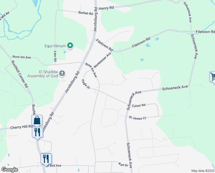 map of restaurants, bars, coffee shops, grocery stores, and more near 308 Robin Drive in Nazareth