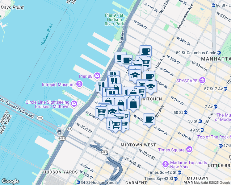 map of restaurants, bars, coffee shops, grocery stores, and more near 653 11th Avenue in New York