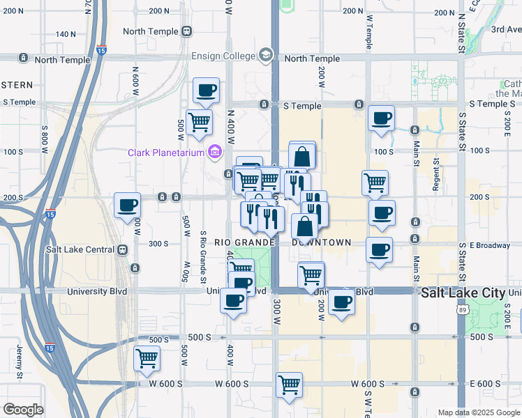 map of restaurants, bars, coffee shops, grocery stores, and more near 327 West 200 South in Salt Lake City