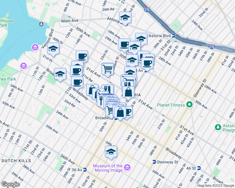 map of restaurants, bars, coffee shops, grocery stores, and more near 31-44 29th Street in Queens