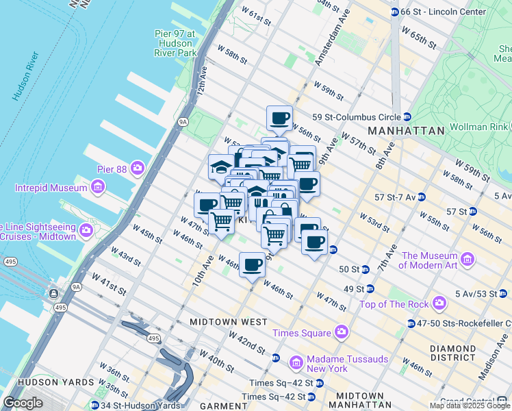 map of restaurants, bars, coffee shops, grocery stores, and more near 439 West 49th Street in New York