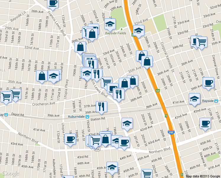 map of restaurants, bars, coffee shops, grocery stores, and more near 35-11 200th St in Queens