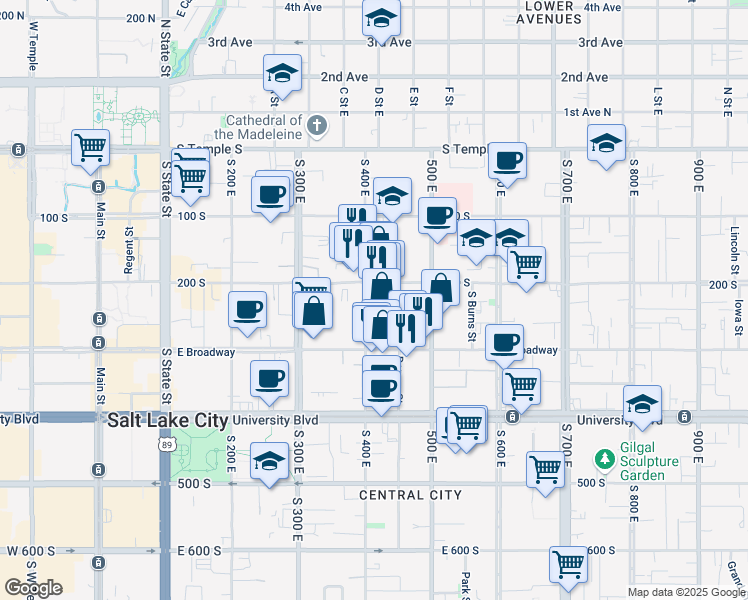 map of restaurants, bars, coffee shops, grocery stores, and more near 237 East 400 South in Salt Lake City