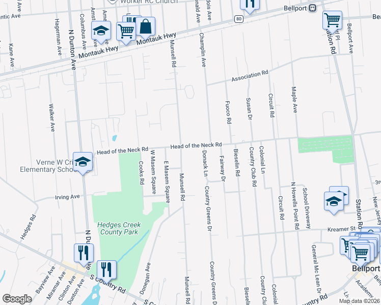 map of restaurants, bars, coffee shops, grocery stores, and more near 289 Munsell Road in East Patchogue