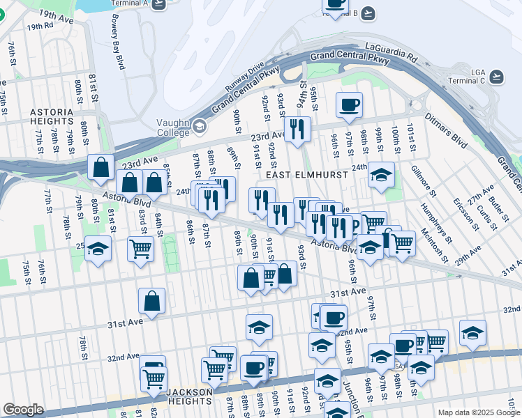 map of restaurants, bars, coffee shops, grocery stores, and more near 91-11 25th Avenue in Queens