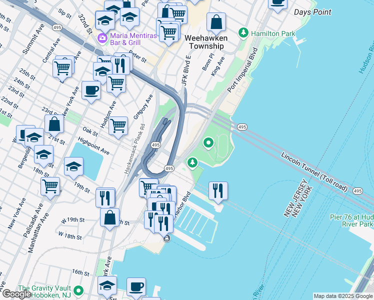 map of restaurants, bars, coffee shops, grocery stores, and more near 500 Harbor Boulevard in Weehawken