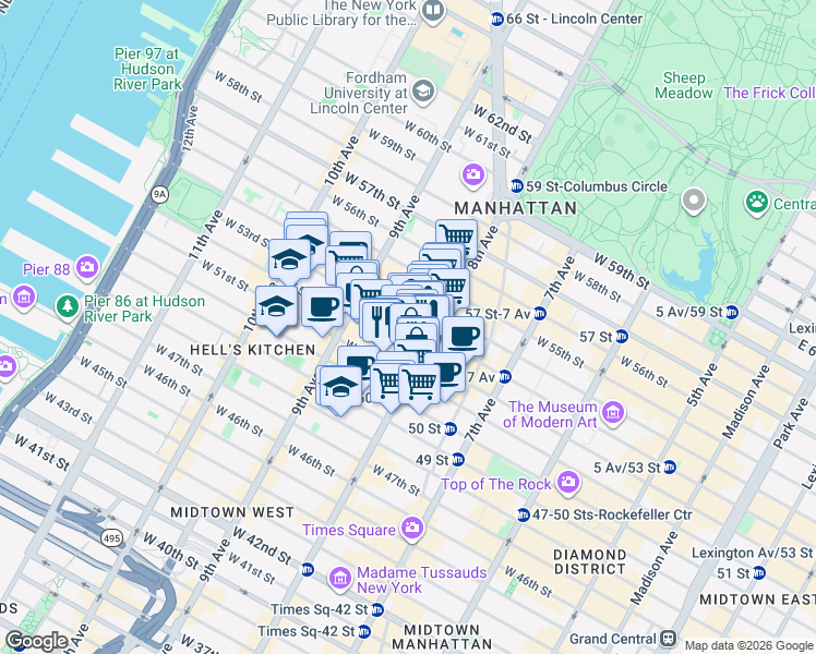 map of restaurants, bars, coffee shops, grocery stores, and more near 314 West 53rd Street in New York