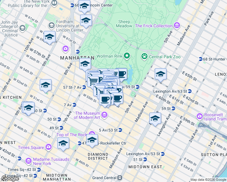 map of restaurants, bars, coffee shops, grocery stores, and more near 58 West 58th Street in New York