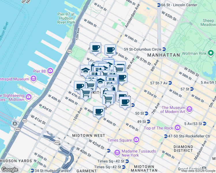map of restaurants, bars, coffee shops, grocery stores, and more near 424 West 51st Street in New York