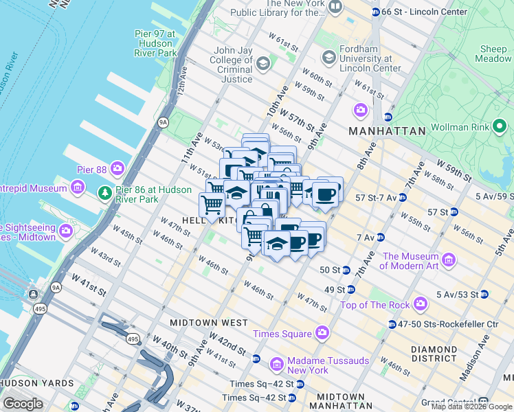 map of restaurants, bars, coffee shops, grocery stores, and more near 751 9th Avenue in New York