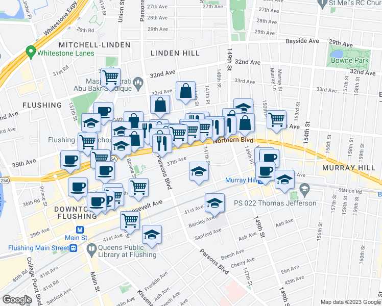 map of restaurants, bars, coffee shops, grocery stores, and more near 144-71 37th Avenue in Queens