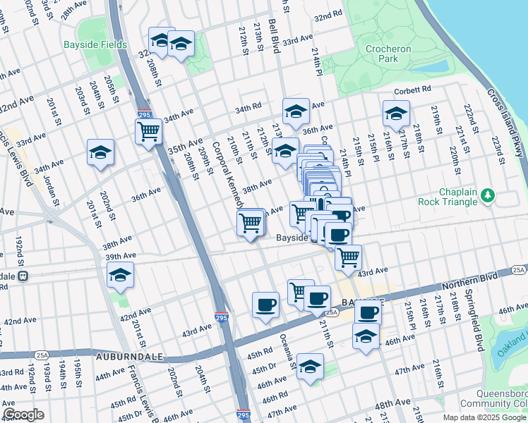 map of restaurants, bars, coffee shops, grocery stores, and more near 39-14 211th Street in Queens