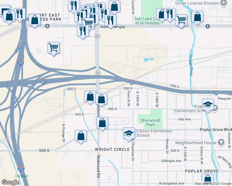 map of restaurants, bars, coffee shops, grocery stores, and more near 1614 Eisenhower Way in Salt Lake City