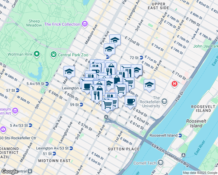 map of restaurants, bars, coffee shops, grocery stores, and more near 210 East 64th Street in New York