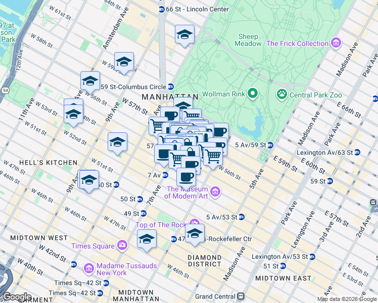 map of restaurants, bars, coffee shops, grocery stores, and more near 156 West 56th Street in New York