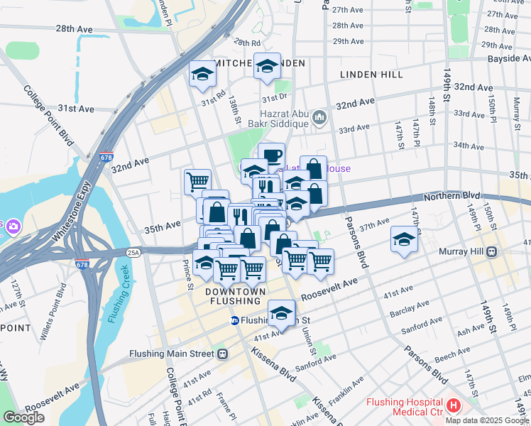 map of restaurants, bars, coffee shops, grocery stores, and more near 35-34 Union Street in Queens