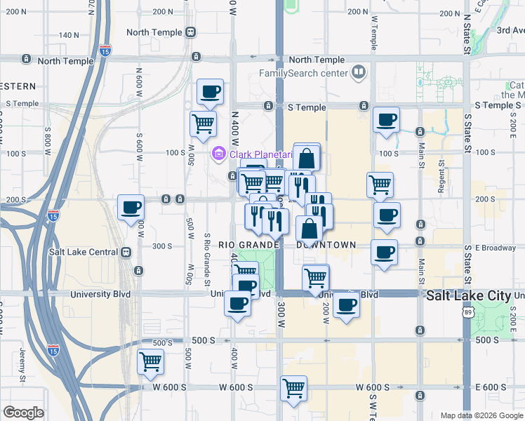 map of restaurants, bars, coffee shops, grocery stores, and more near 327 West 200 South in Salt Lake City