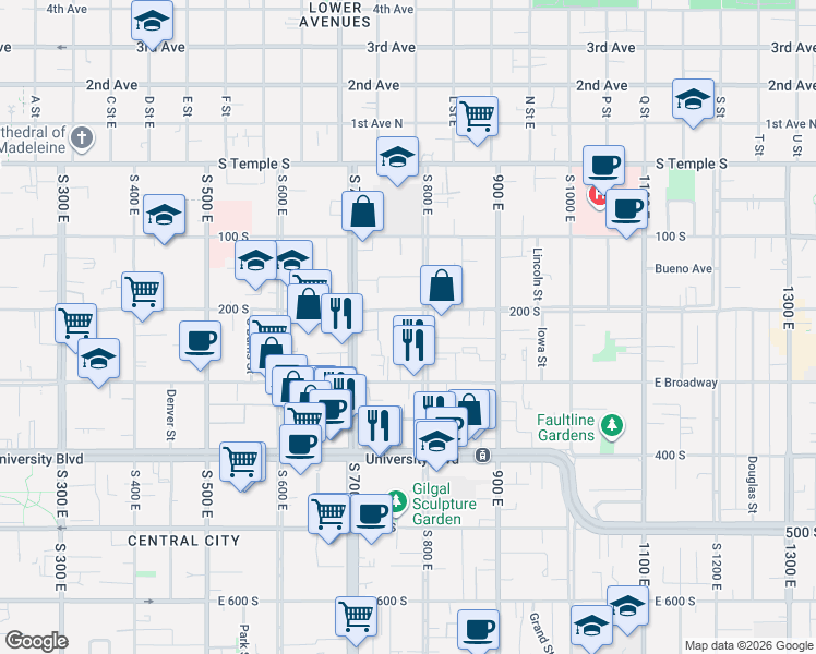 map of restaurants, bars, coffee shops, grocery stores, and more near 232 800 East in Salt Lake City