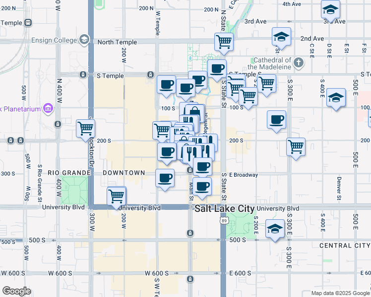 map of restaurants, bars, coffee shops, grocery stores, and more near 268 South Main Street in Salt Lake City