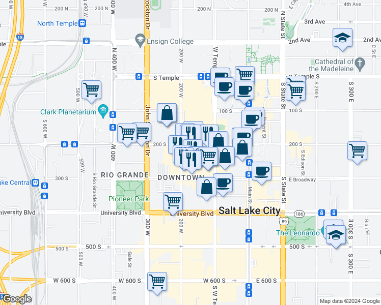 map of restaurants, bars, coffee shops, grocery stores, and more near 223 West 200 South in Salt Lake City