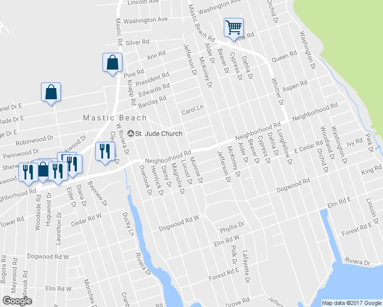 map of restaurants, bars, coffee shops, grocery stores, and more near 155 Locust Drive in Mastic Beach
