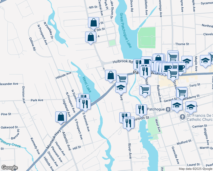 map of restaurants, bars, coffee shops, grocery stores, and more near 304 West Main Street in Patchogue