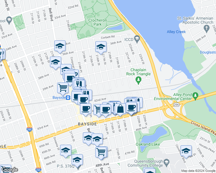 map of restaurants, bars, coffee shops, grocery stores, and more near 40-29 217th Street in Queens