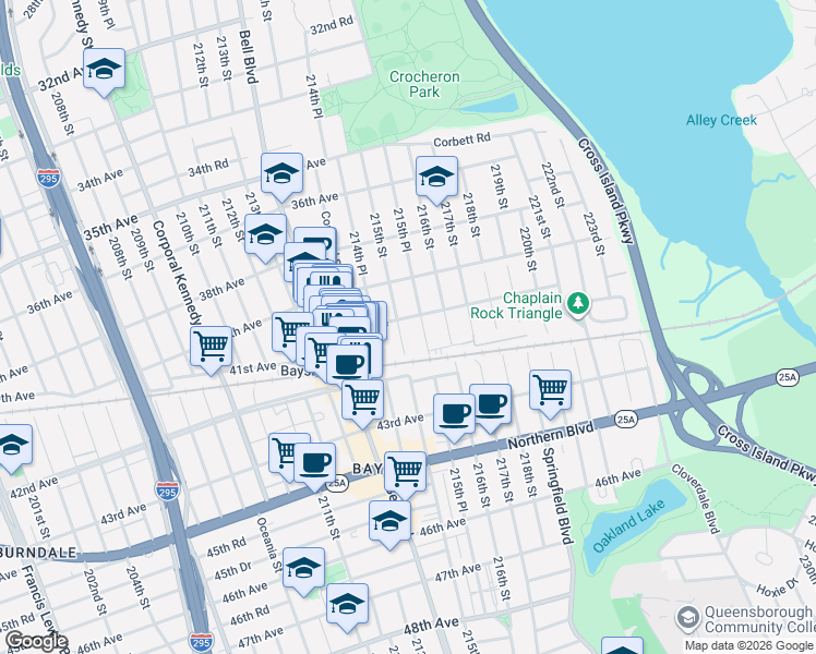 map of restaurants, bars, coffee shops, grocery stores, and more near 40-23 215th Street in Queens