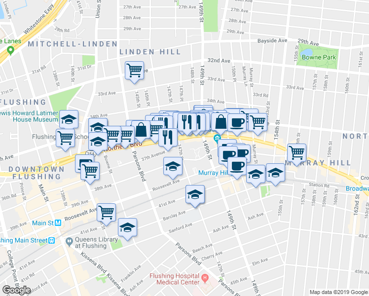 map of restaurants, bars, coffee shops, grocery stores, and more near 37-16 147th Street in Queens