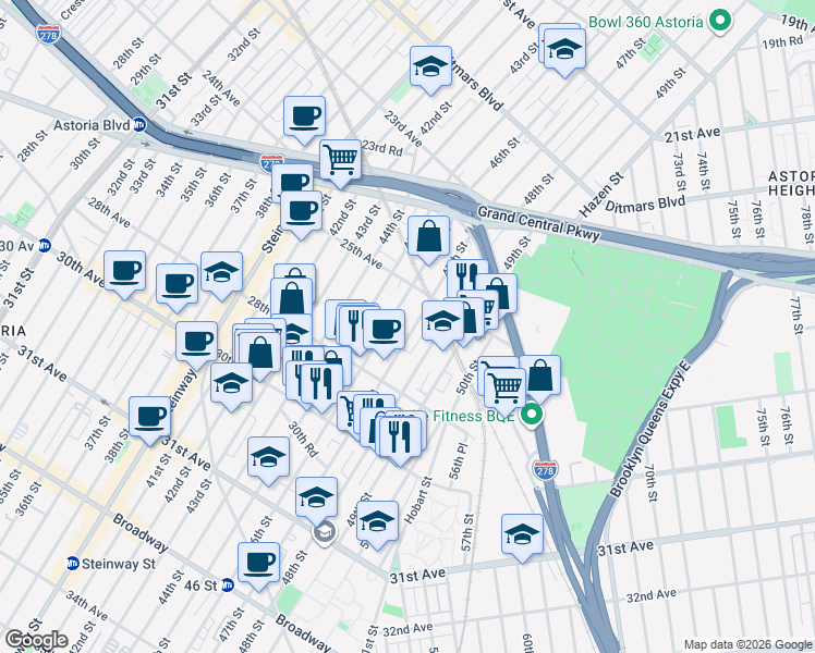 map of restaurants, bars, coffee shops, grocery stores, and more near 25-48 48th Street in Queens