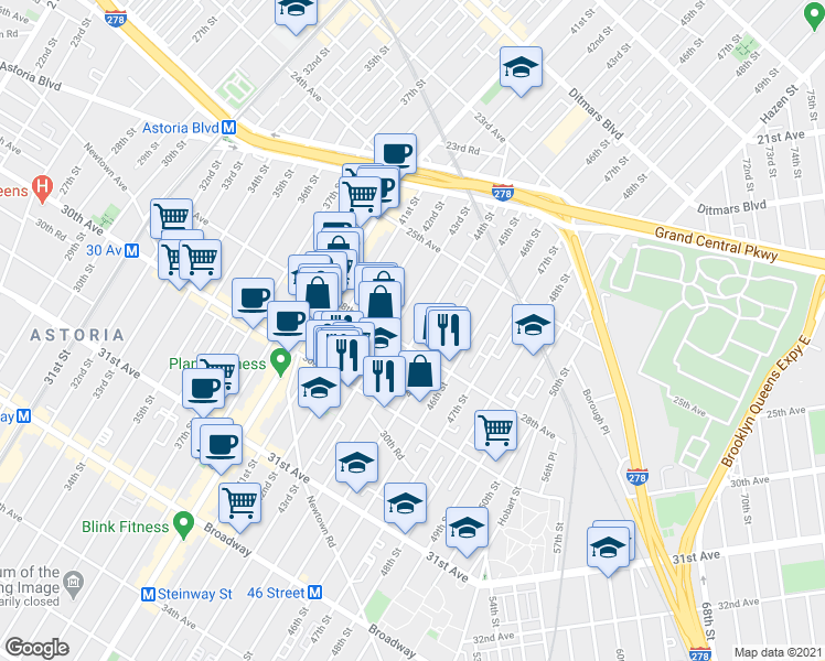 map of restaurants, bars, coffee shops, grocery stores, and more near in Queens