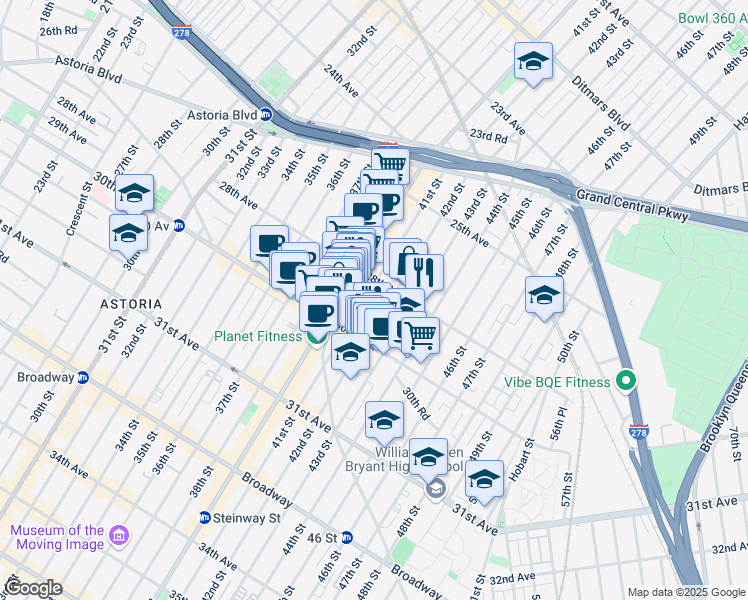 map of restaurants, bars, coffee shops, grocery stores, and more near 28-23 42nd Street in Queens