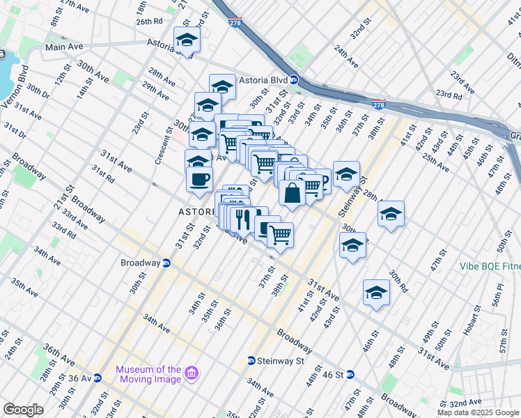 map of restaurants, bars, coffee shops, grocery stores, and more near 30-65 34th Street in Queens