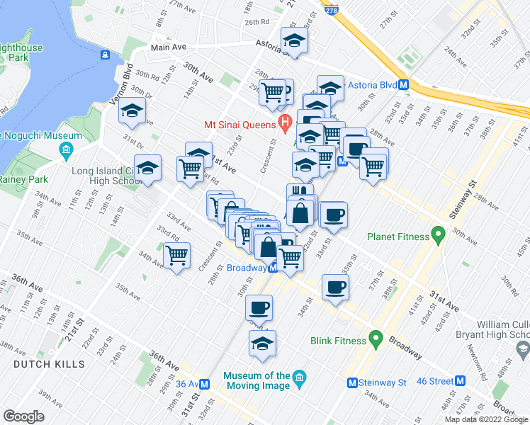 map of restaurants, bars, coffee shops, grocery stores, and more near 31-44 29th Street in Queens