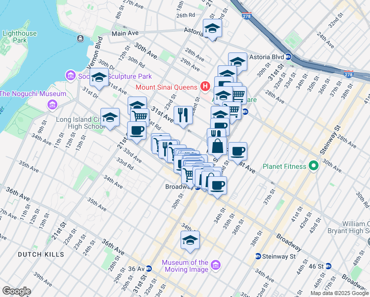 map of restaurants, bars, coffee shops, grocery stores, and more near 31-44 29th Street in Queens