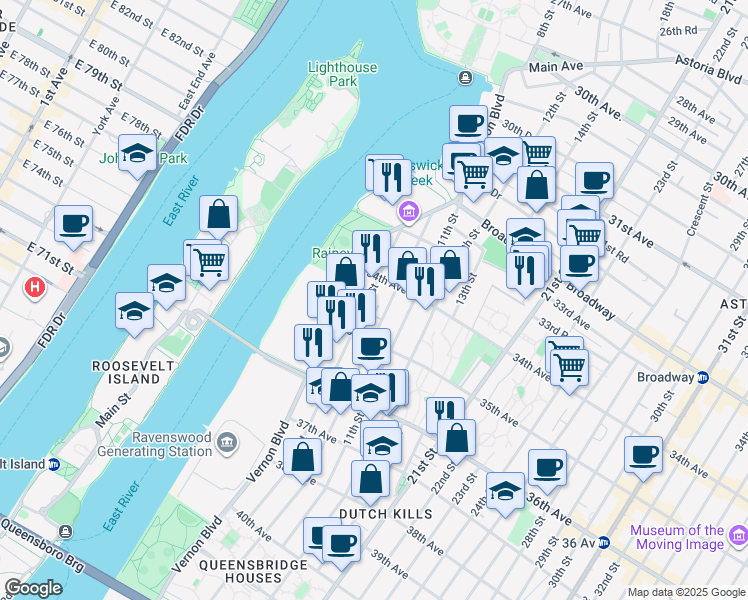 map of restaurants, bars, coffee shops, grocery stores, and more near 34-36 10th Street in Queens