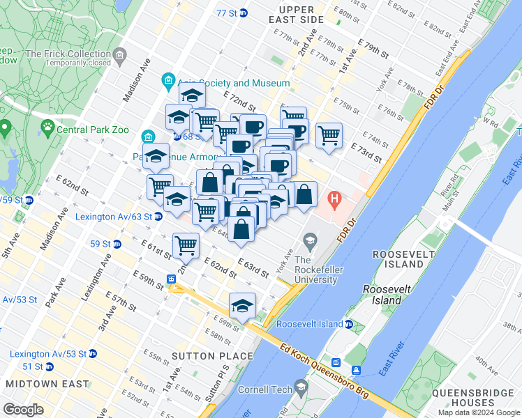 map of restaurants, bars, coffee shops, grocery stores, and more near 1219 1st Avenue in New York