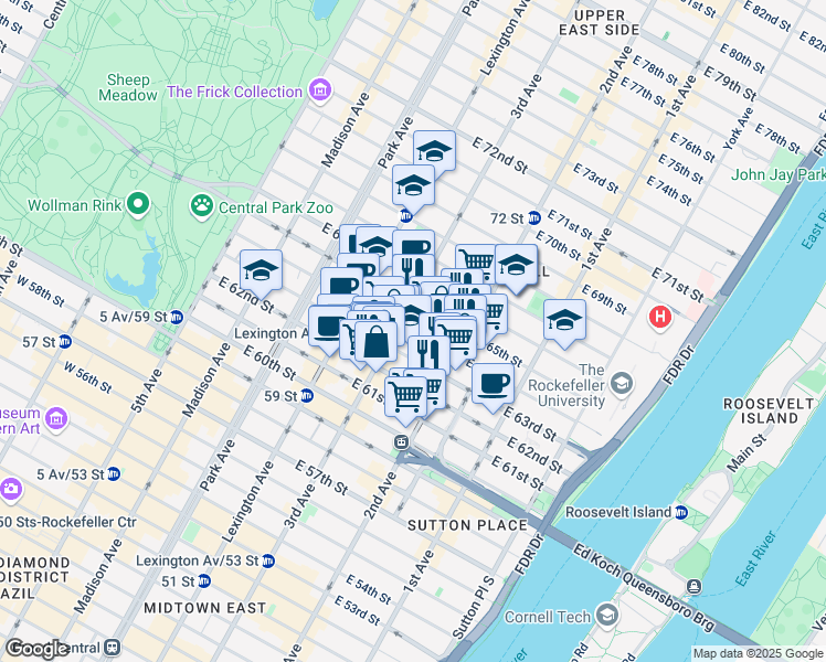 map of restaurants, bars, coffee shops, grocery stores, and more near 210 East 64th Street in New York