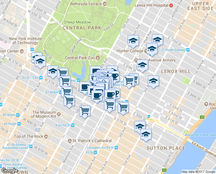 map of restaurants, bars, coffee shops, grocery stores, and more near 28 East 60th Street in New York