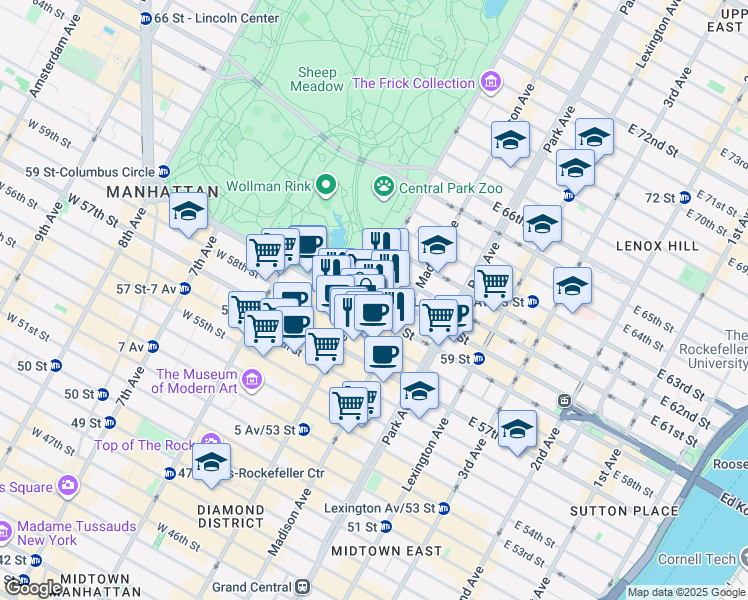 map of restaurants, bars, coffee shops, grocery stores, and more near in New York