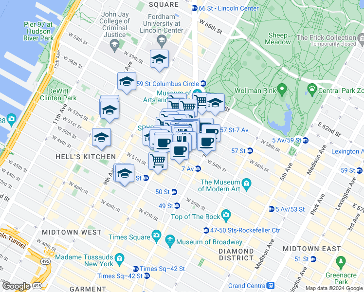 map of restaurants, bars, coffee shops, grocery stores, and more near 234 West 54th Street in New York