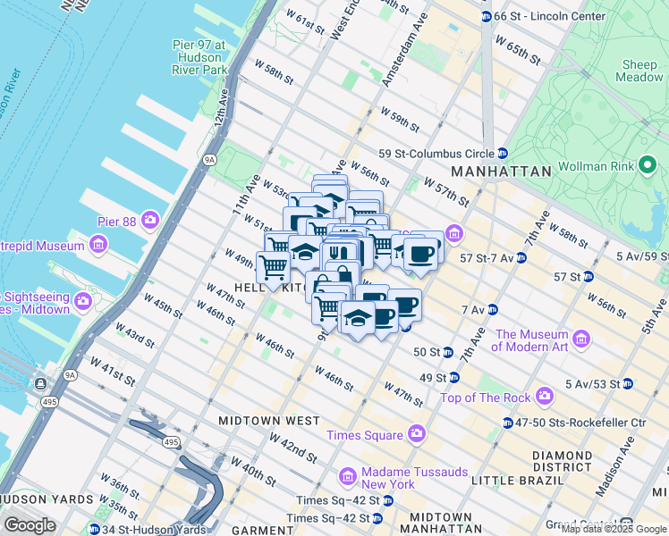 map of restaurants, bars, coffee shops, grocery stores, and more near in New York
