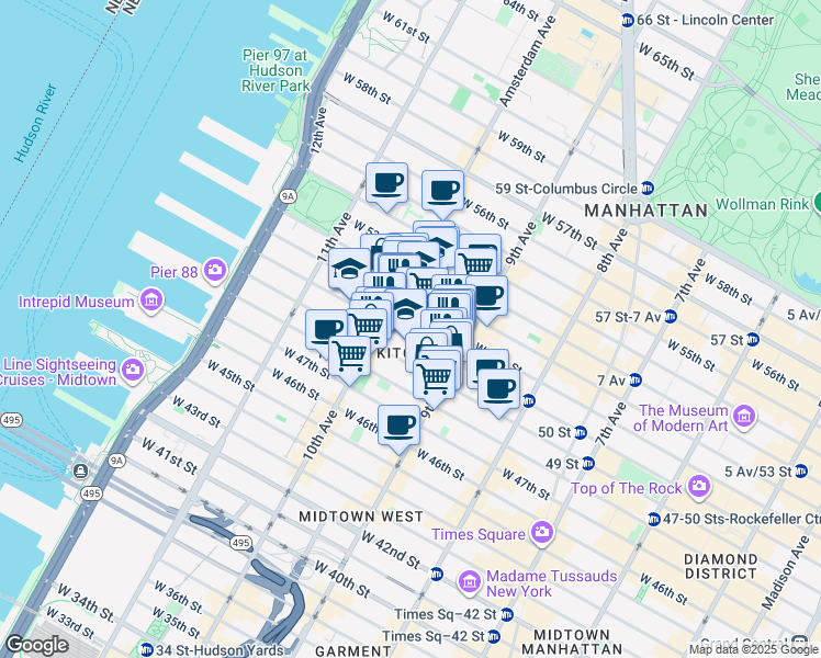 map of restaurants, bars, coffee shops, grocery stores, and more near 439 West 49th Street in New York