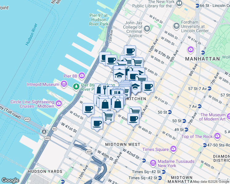 map of restaurants, bars, coffee shops, grocery stores, and more near 515 West 48th Street in New York