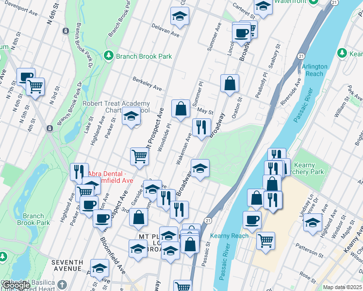 map of restaurants, bars, coffee shops, grocery stores, and more near 65-67 Wakeman Avenue in Newark
